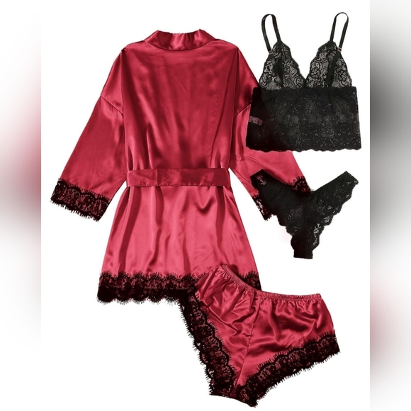 2/$50 Fall Winter Red Burgundy & Black Satin and Lace Sleepwear Set (#1,504) - Picture 2 of 3